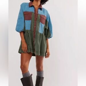 Free People Wild Roads Mini Corduroy Dress Blue Combo Size S